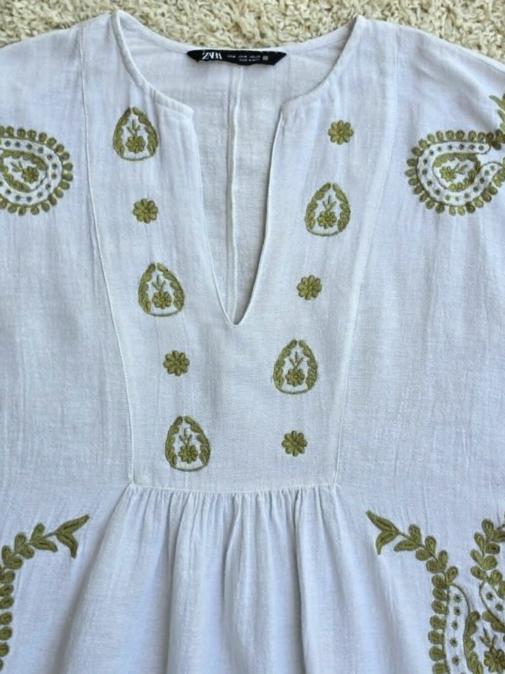 Zara Ivory Embroidered Boho Blouse Olive Green Peasant Top Flowy Sleeve Medium - Picture 9 of 12